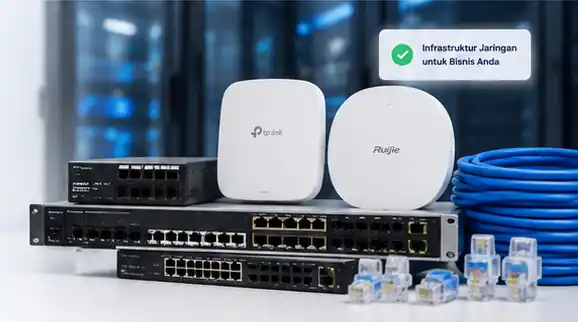 Perangkat jaringan switch, access point, dan kabel LAN