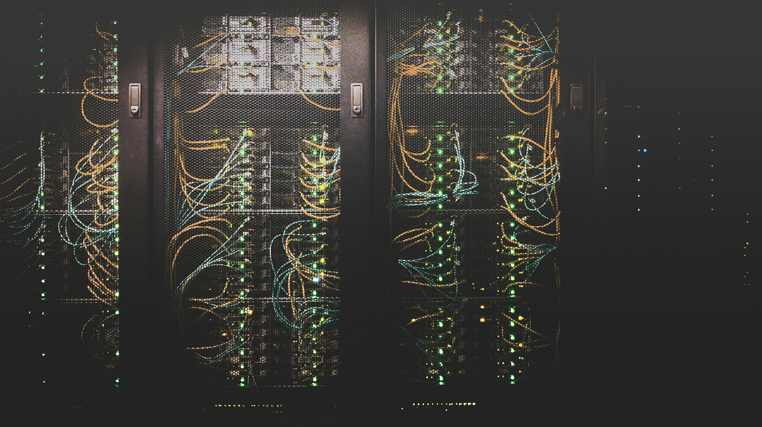 Rak jaringan dengan kabel LAN biru tersusun rapi di patch panel