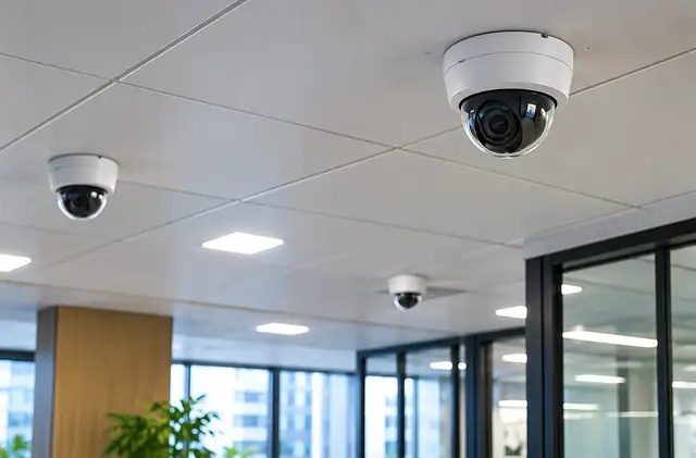Kamera CCTV dome terpasang di plafon gedung perkantoran